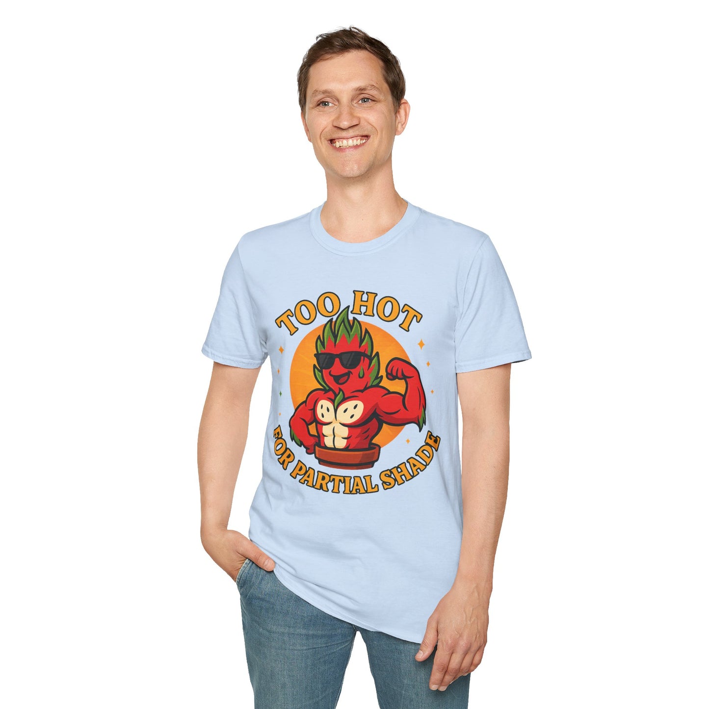 Too Hot For Partial Shade T-Shirt | Flaming Dragon Fruit Cartoon Design | Men's T-Shirt Plant Lover