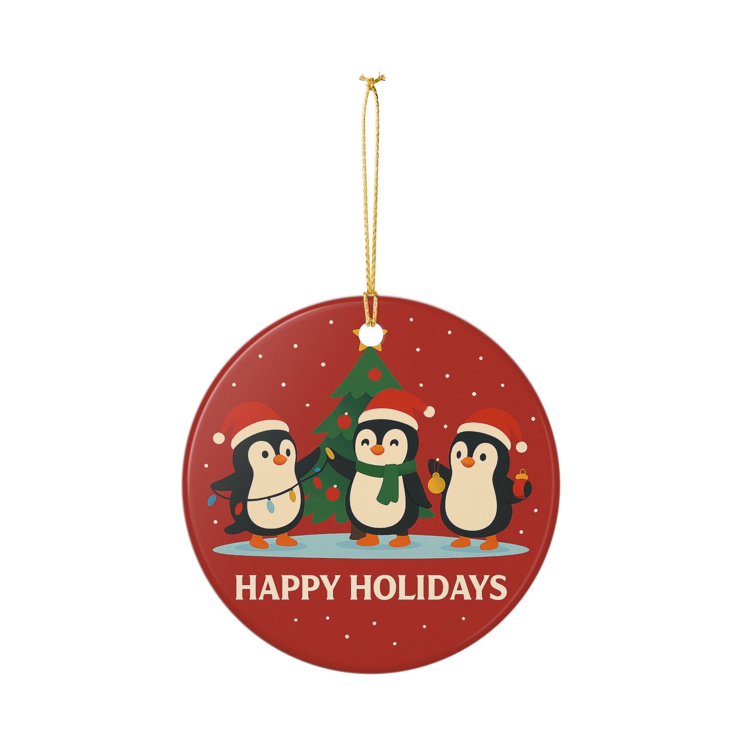 Happy Holidays Trio Penguins Ornament | Ceramic Holiday Ornament | Throuple Ornament Christmas Tree
