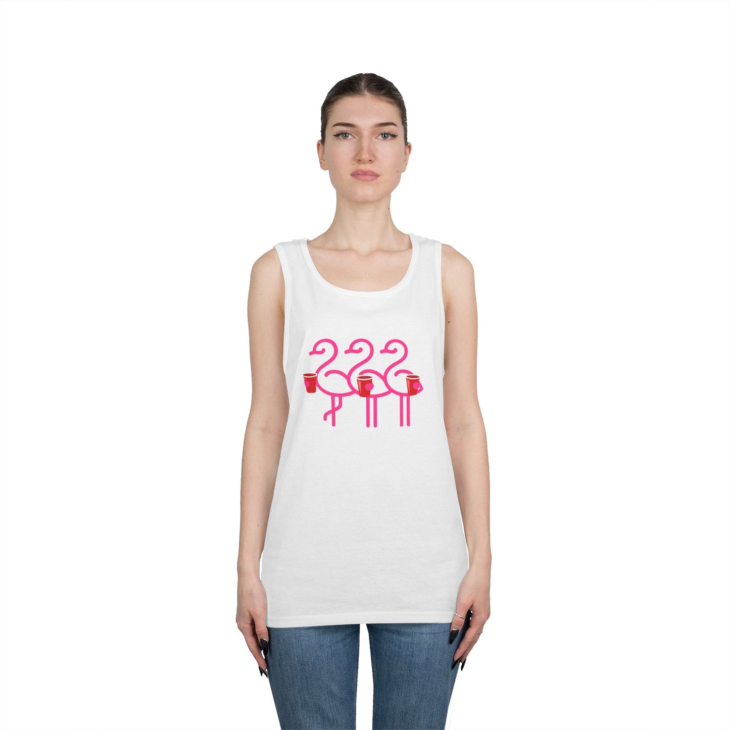 Three Pink Flamingos Tank Top | Retro Tropical Birds, Summer Beach Tee | Red Cup Throuple Life