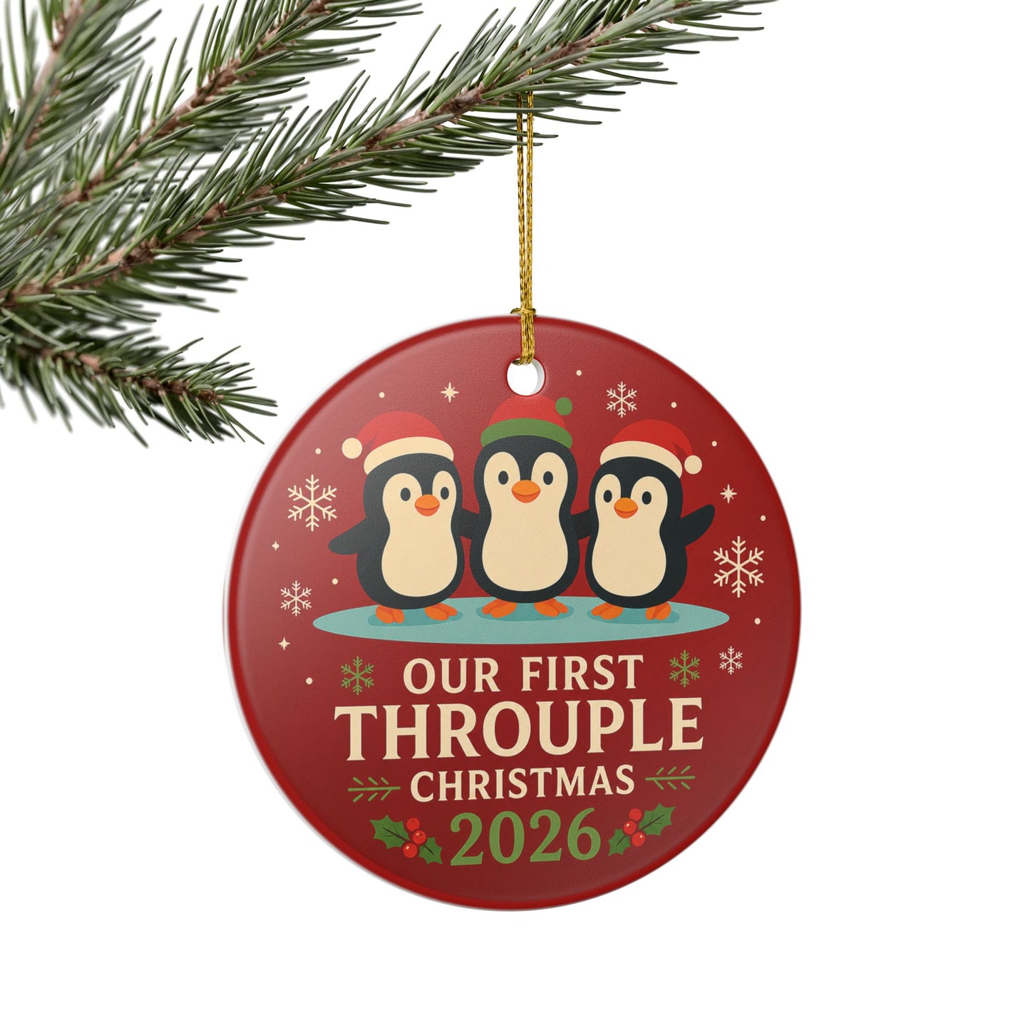 Our First Throuple Christmas 2026 Ornament | Penguin Ceramic Ornament | Polyamory Christmas Gift | LGBTQ+ Holiday Keepsake