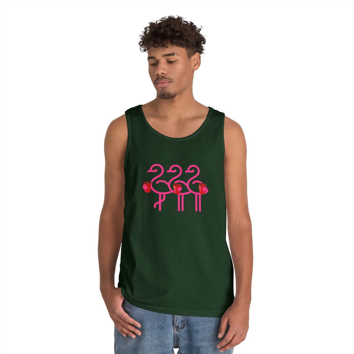 Three Pink Flamingos Tank Top | Retro Tropical Birds, Summer Beach Tee | Red Cup Throuple Life