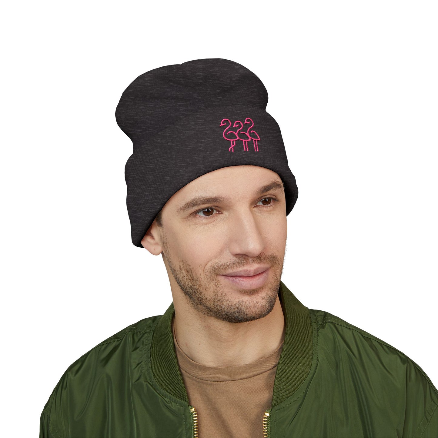 Pink Flamingo Trio Soft Beanie | Cuffed Embroidered Beanie | Throuple Gift Ideas