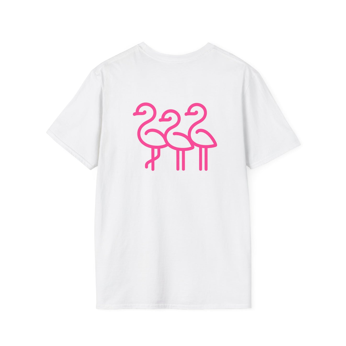 Pink Flamingo Trio T-Shirt | Small Chest Logo, Back Graphic | Throuple Shirt