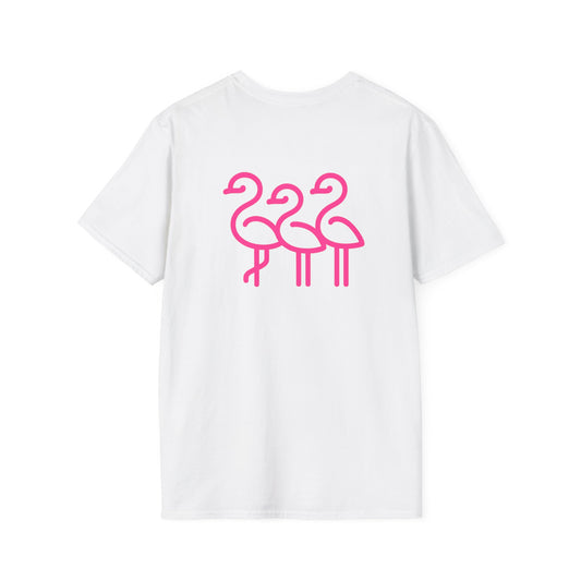 Pink Flamingo Trio T-Shirt | Small Chest Logo, Back Graphic | Throuple Shirt