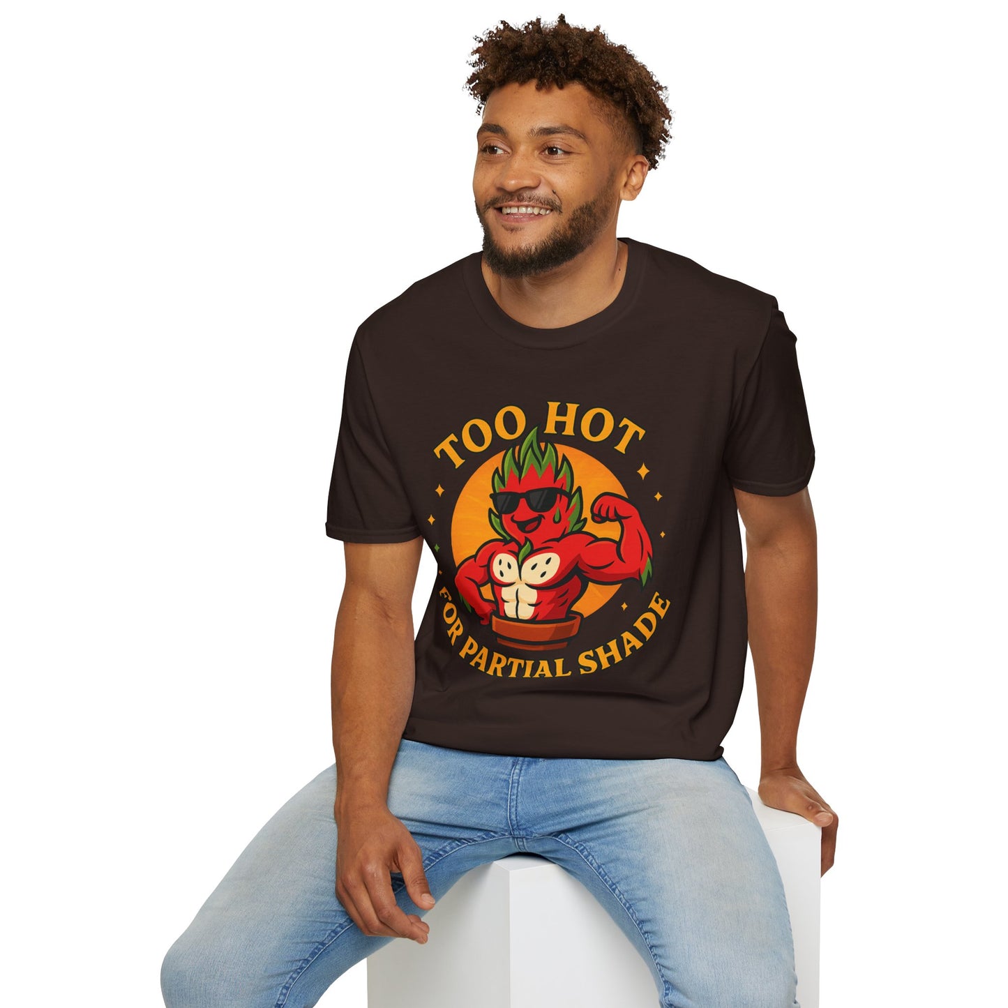 Too Hot For Partial Shade T-Shirt | Flaming Dragon Fruit Cartoon Design | Men's T-Shirt Plant Lover