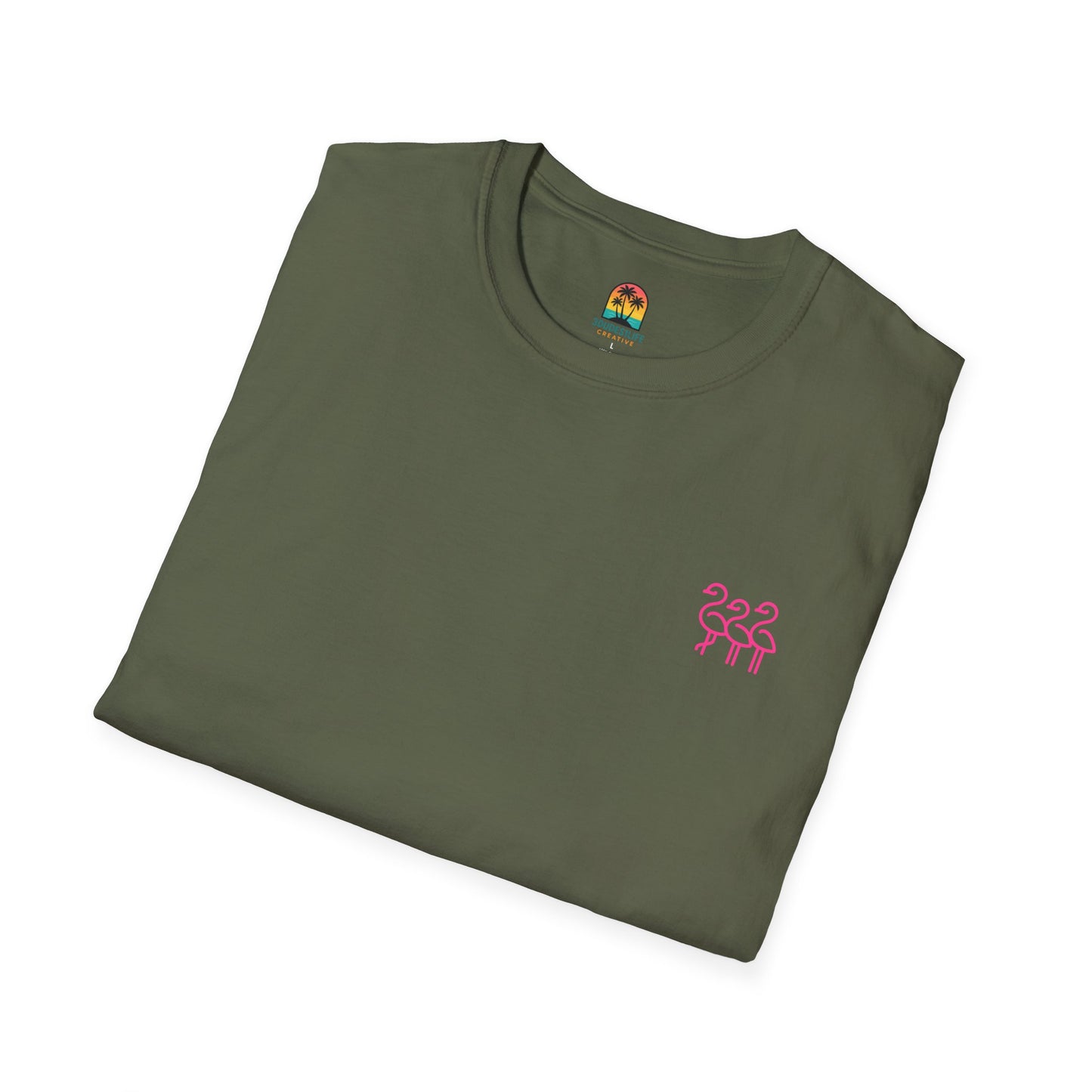 Sunset Palm Trees T-Shirt | Tropical Beach Retro Sunset Graphic | Throuple Shirt Merch Branded Flamingos
