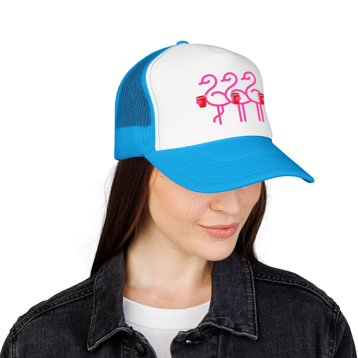 Pink Flamingo Trio Foam Trucker Hat | Retro Beach Party Mesh Cap | Red Cup Throuple Life