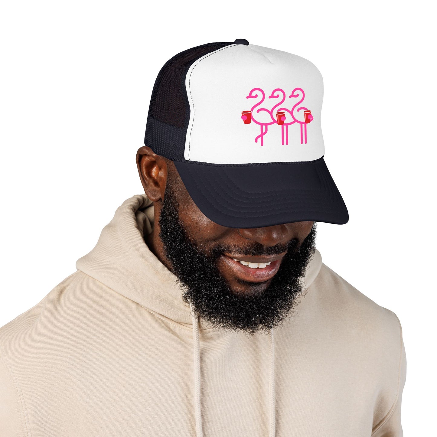 Pink Flamingo Trio Foam Trucker Hat | Retro Beach Party Mesh Cap | Red Cup Throuple Life