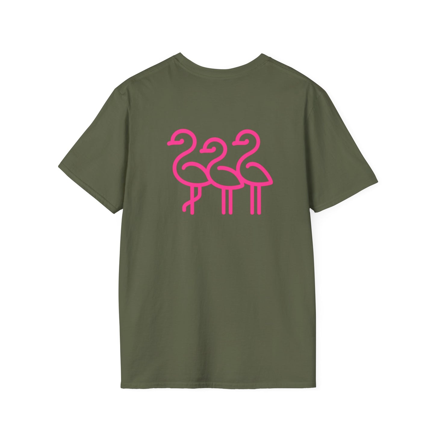 Pink Flamingo Trio T-Shirt | Small Chest Logo, Back Graphic | Throuple Shirt