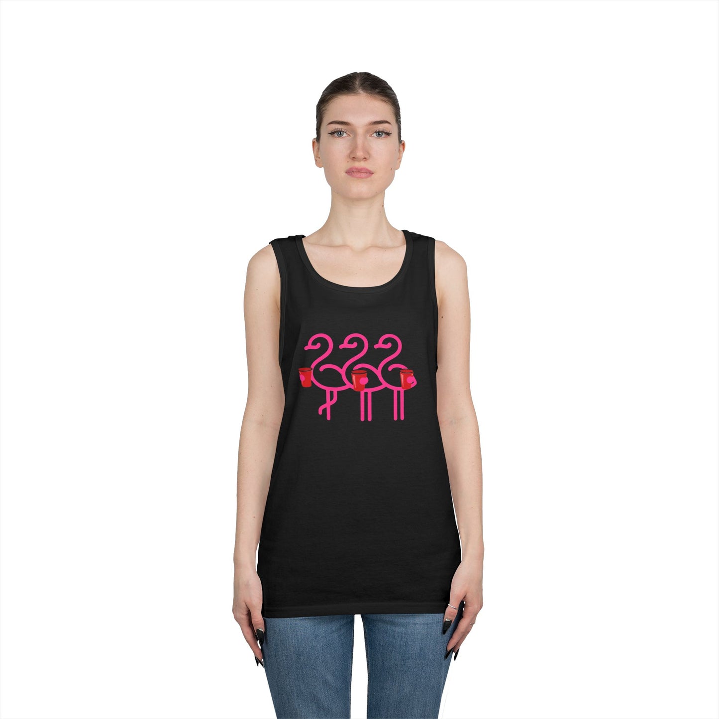 Three Pink Flamingos Tank Top | Retro Tropical Birds, Summer Beach Tee | Red Cup Throuple Life