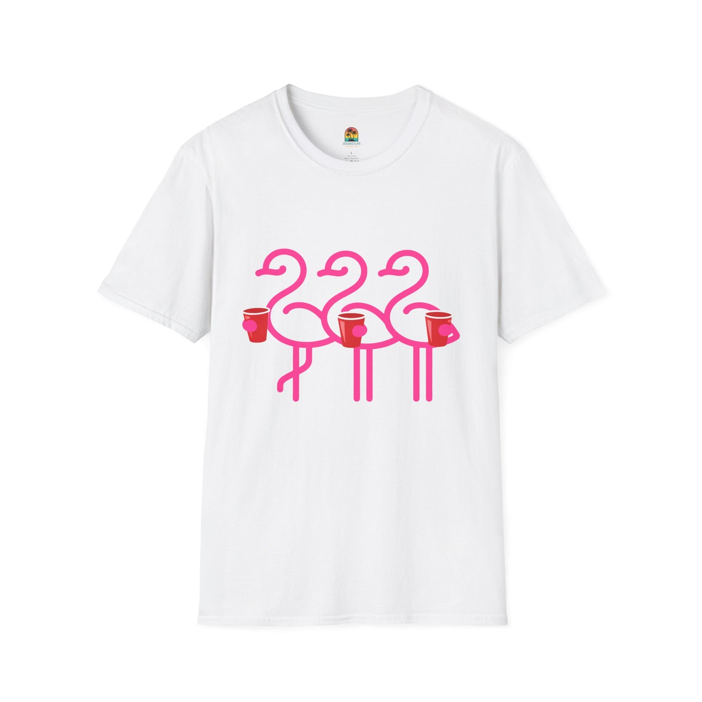Pink Flamingos Holding Cups T-Shirt | Tropical Party Graphic | Red Cup Throuple Life