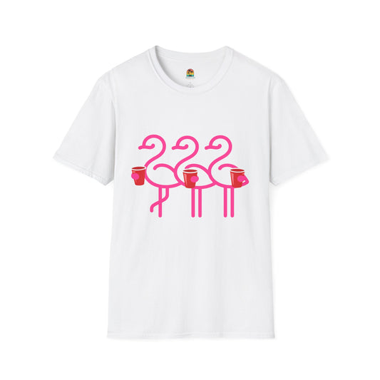 Pink Flamingos Holding Cups T-Shirt | Tropical Party Graphic | Red Cup Throuple Life
