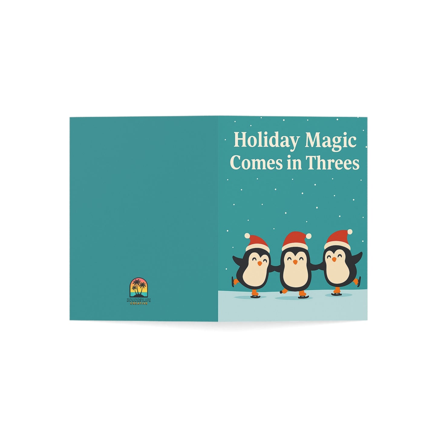Holiday Magic Comes in Threes Penguin Illustration Greeting Card | Holiday Cards Throuple