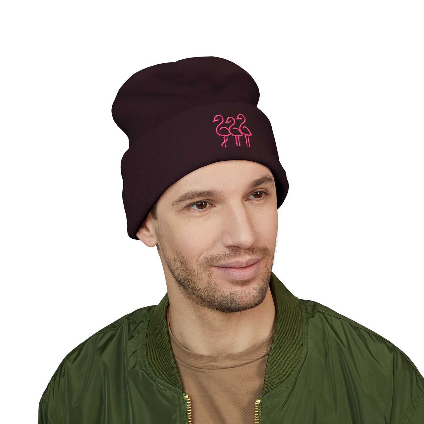 Pink Flamingo Trio Soft Beanie | Cuffed Embroidered Beanie | Throuple Gift Ideas