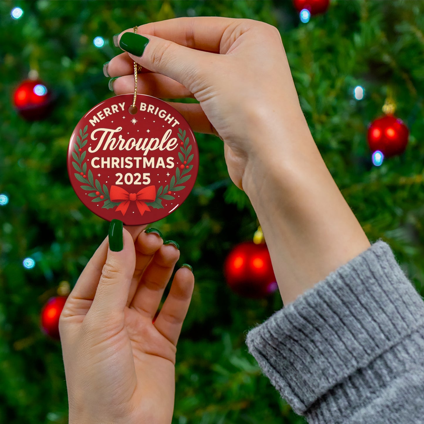 Throuple Christmas 2025 Ceramic Ornament | Round Holiday Decoration