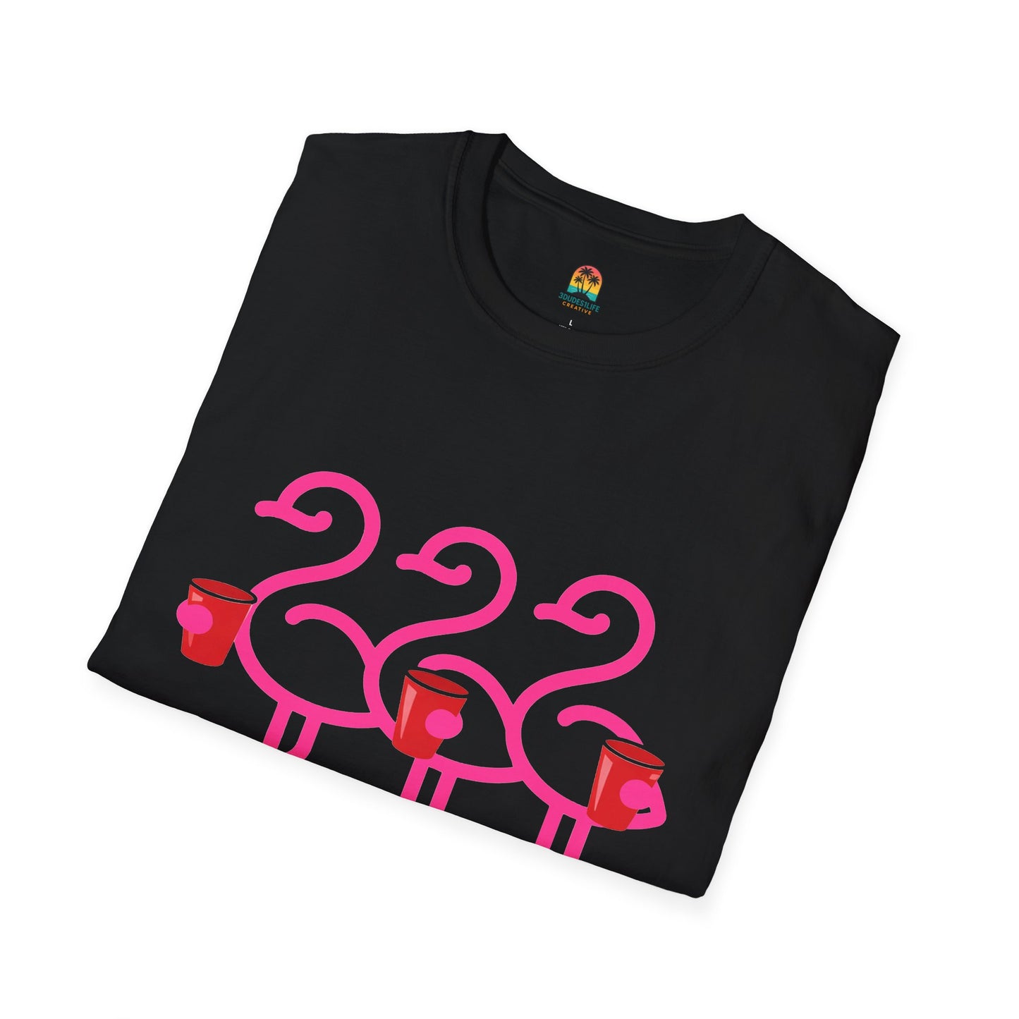 Pink Flamingos Holding Cups T-Shirt | Tropical Party Graphic | Red Cup Throuple Life