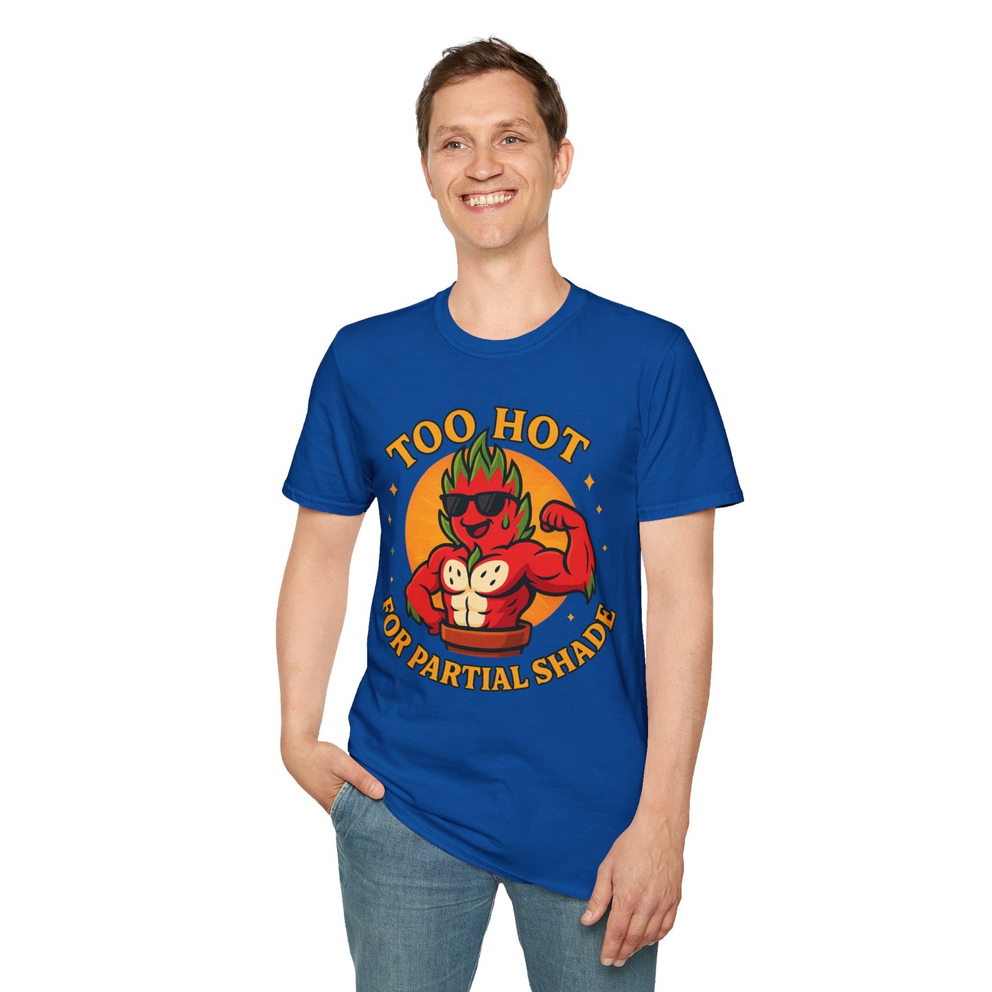 Too Hot For Partial Shade T-Shirt | Flaming Dragon Fruit Cartoon Design | Men's T-Shirt Plant Lover