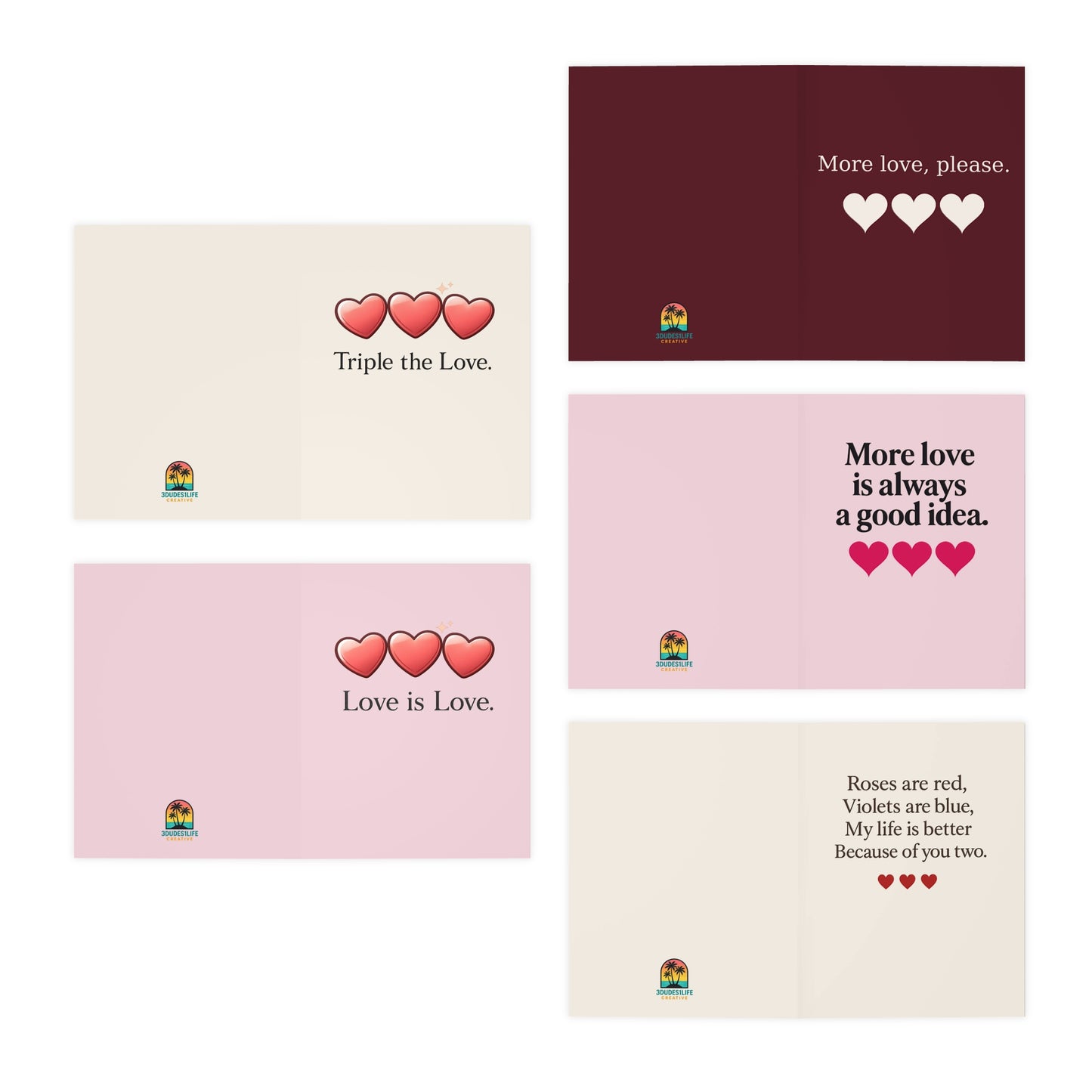 Love Is Love heart cards Greeting Cards | 5-pack assorted love cards | Throuple Cards Blank Insides