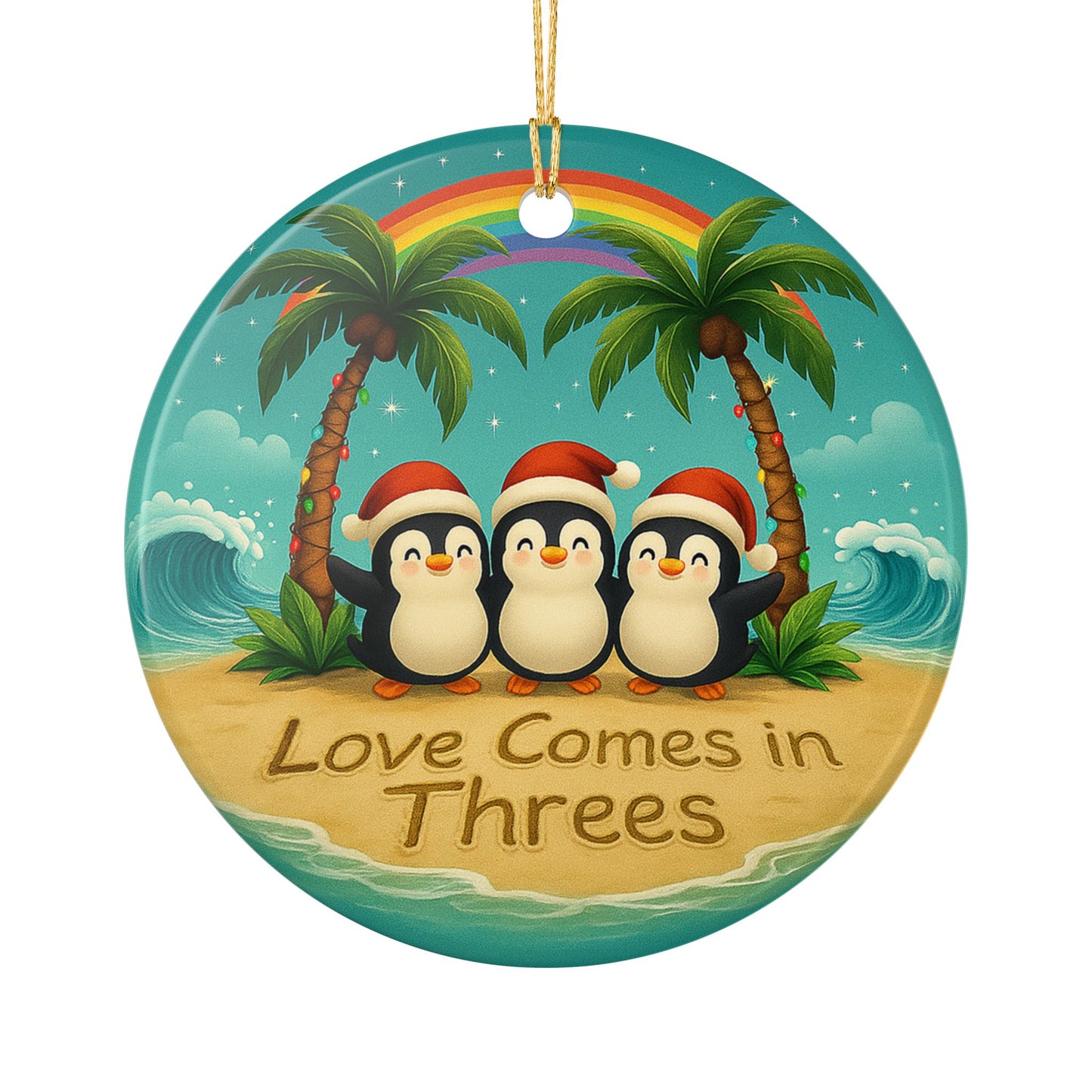 Love Comes in Threes Ceramic Ornament | Penguin Trio Beach Christmas | Throuple Ornament
