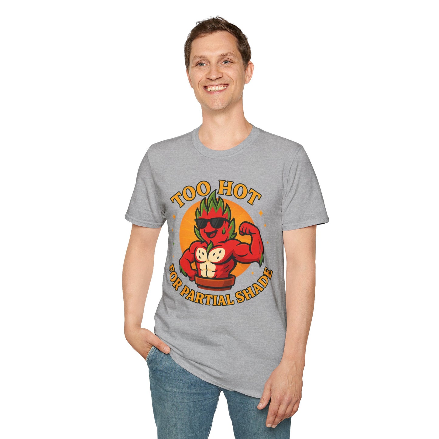 Too Hot For Partial Shade T-Shirt | Flaming Dragon Fruit Cartoon Design | Men's T-Shirt Plant Lover