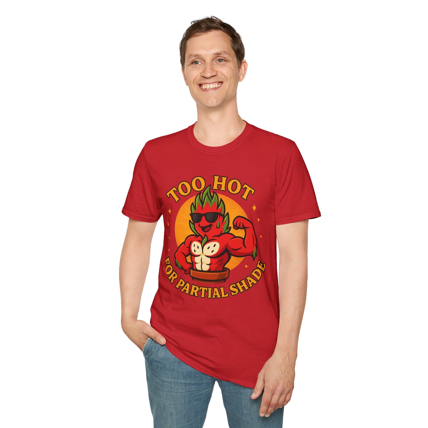 Too Hot For Partial Shade T-Shirt | Flaming Dragon Fruit Cartoon Design | Men's T-Shirt Plant Lover