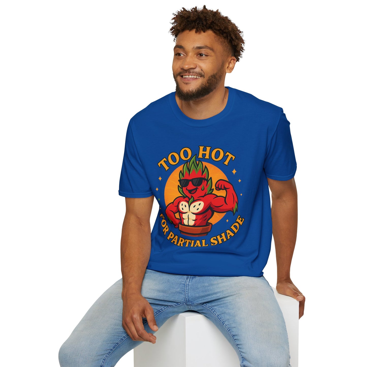 Too Hot For Partial Shade T-Shirt | Flaming Dragon Fruit Cartoon Design | Men's T-Shirt Plant Lover