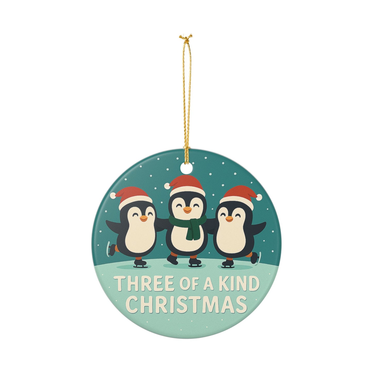 Three of a Kind Christmas Penguins Ornament | Ceramic Round Holiday Decoration | Throuple Ornament