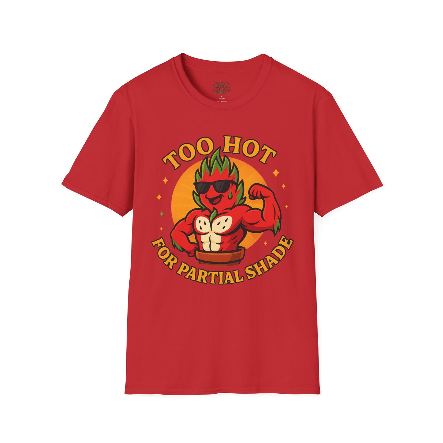 Too Hot For Partial Shade T-Shirt | Flaming Dragon Fruit Cartoon Design | Men's T-Shirt Plant Lover