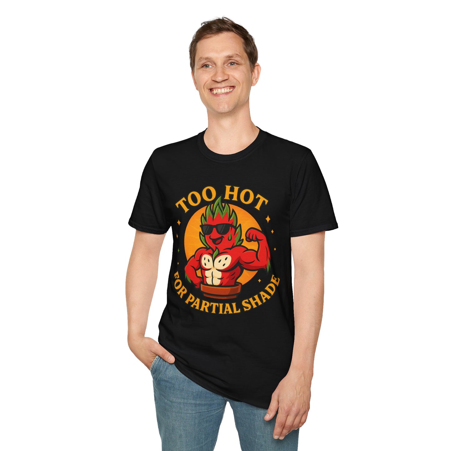 Too Hot For Partial Shade T-Shirt | Flaming Dragon Fruit Cartoon Design | Men's T-Shirt Plant Lover