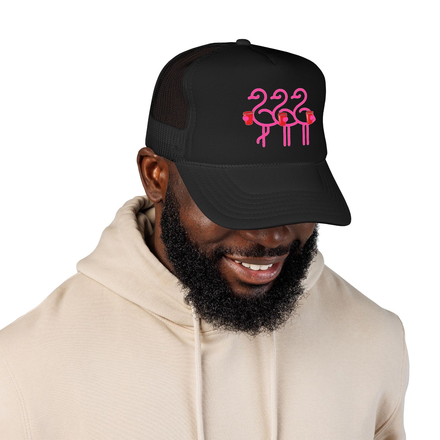 Pink Flamingo Trio Foam Trucker Hat | Retro Beach Party Mesh Cap | Red Cup Throuple Life
