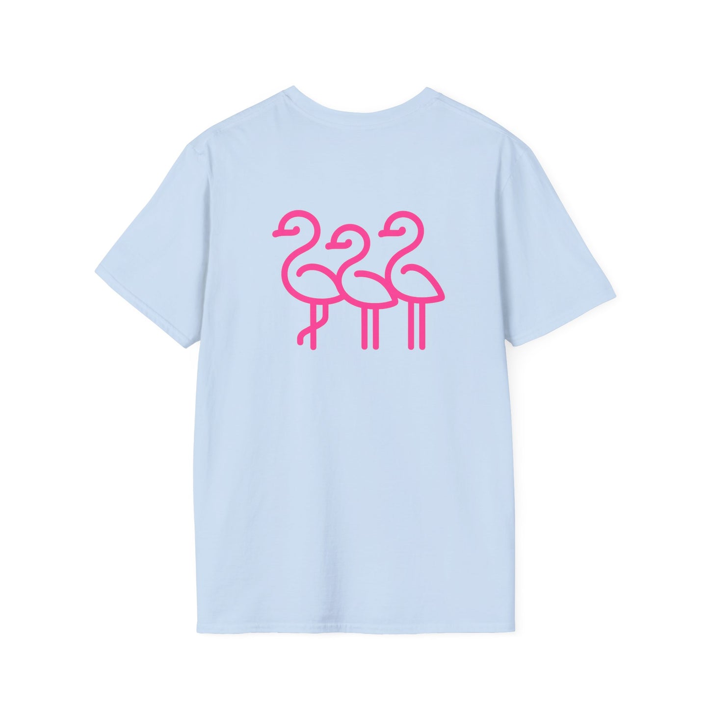 Pink Flamingo Trio T-Shirt | Small Chest Logo, Back Graphic | Throuple Shirt