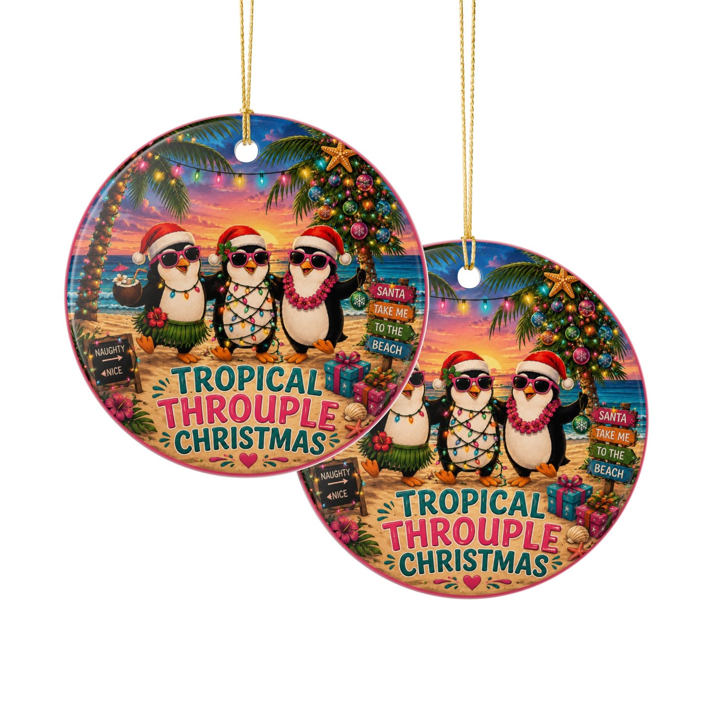 Tropical Throuple Christmas Ornament | Penguin Beach Christmas Decor | Polyamory Gift | LGBTQ+ Holiday Ornament