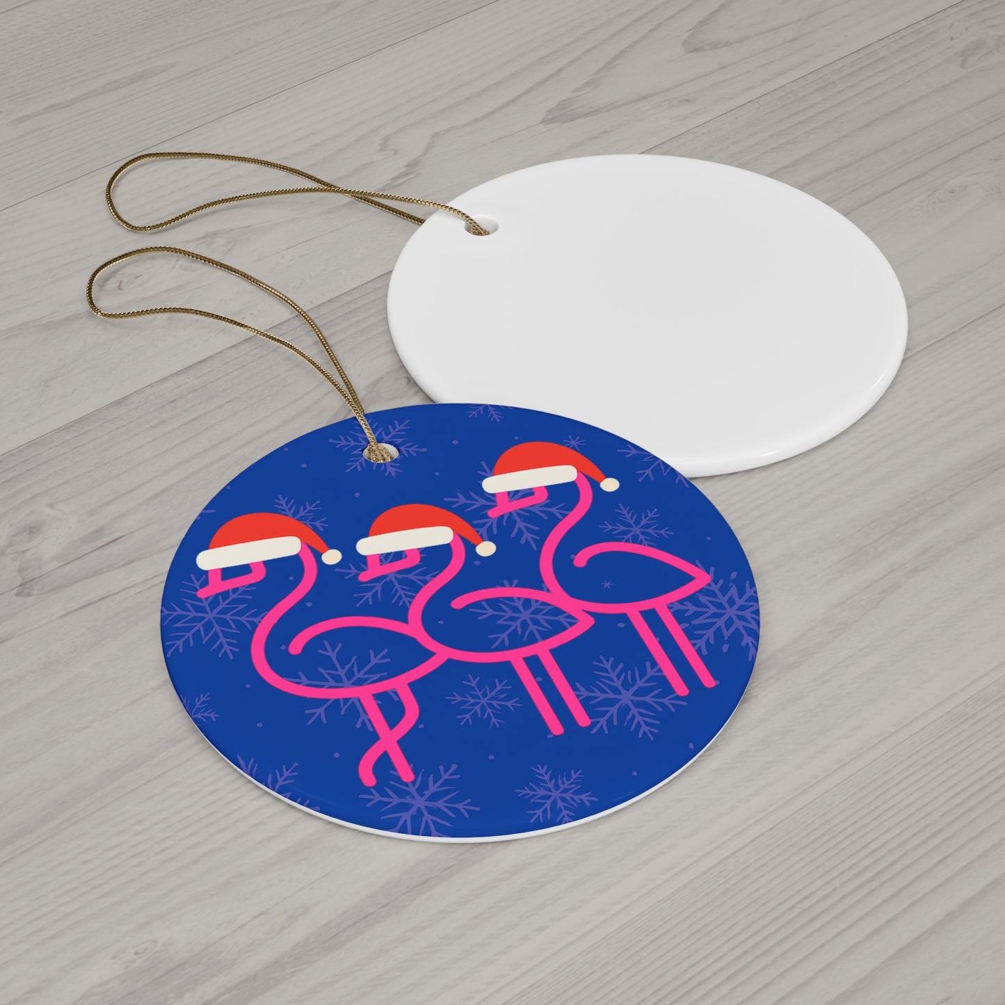 Pink Flamingos with Santa Hats Ceramic Ornament | Round Holiday Decoration | Throuple Holiday Ornament