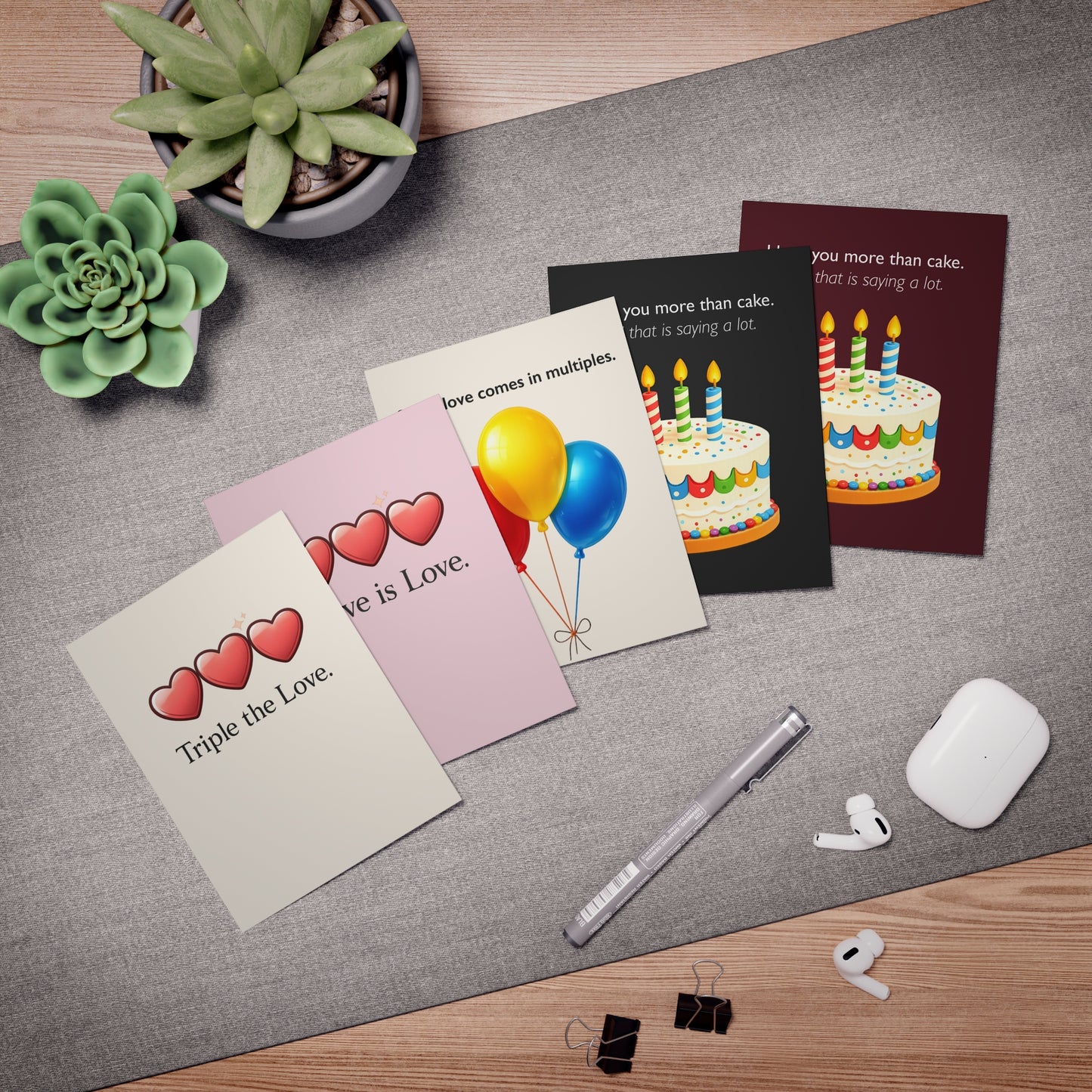 Hearts and Celebration Cards 5-Pack | Greeting Cards with Hearts, Balloons, Birthday Cake | Throuple Cards