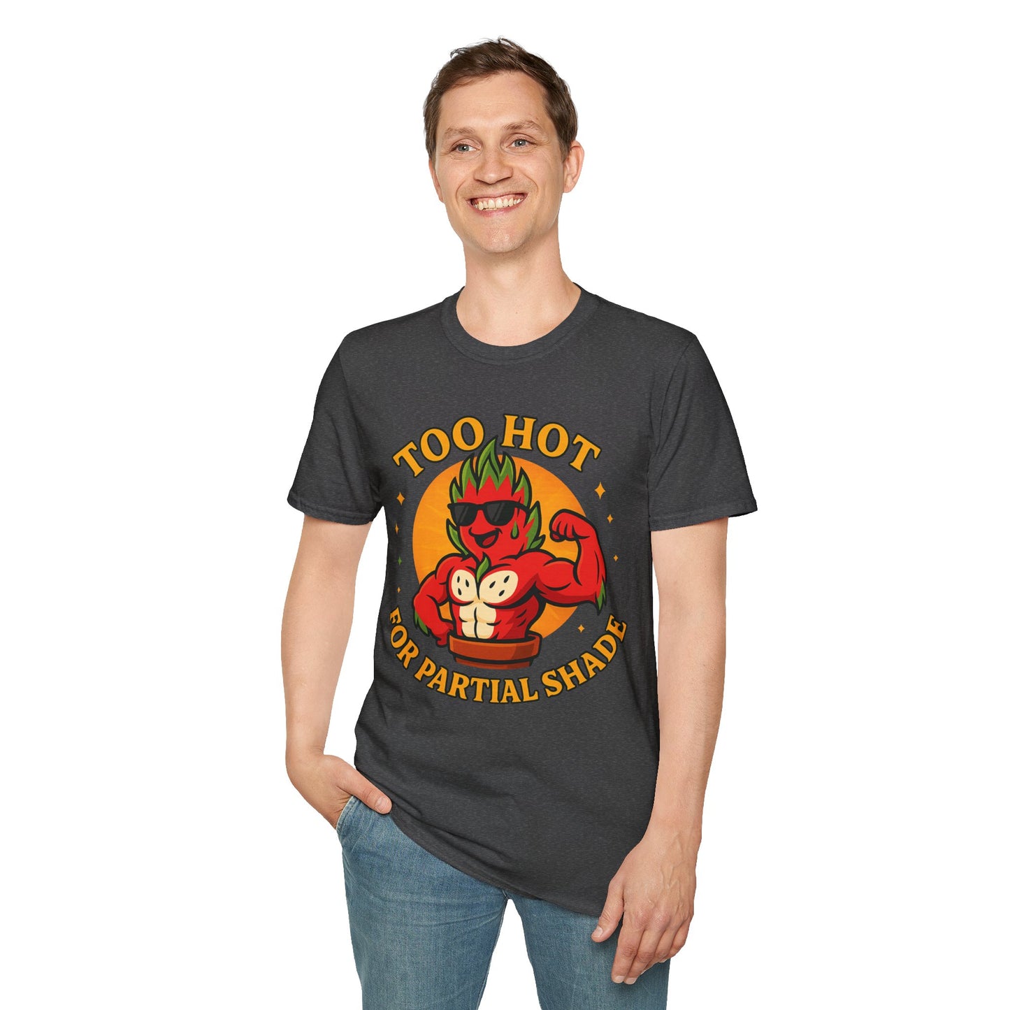 Too Hot For Partial Shade T-Shirt | Flaming Dragon Fruit Cartoon Design | Men's T-Shirt Plant Lover
