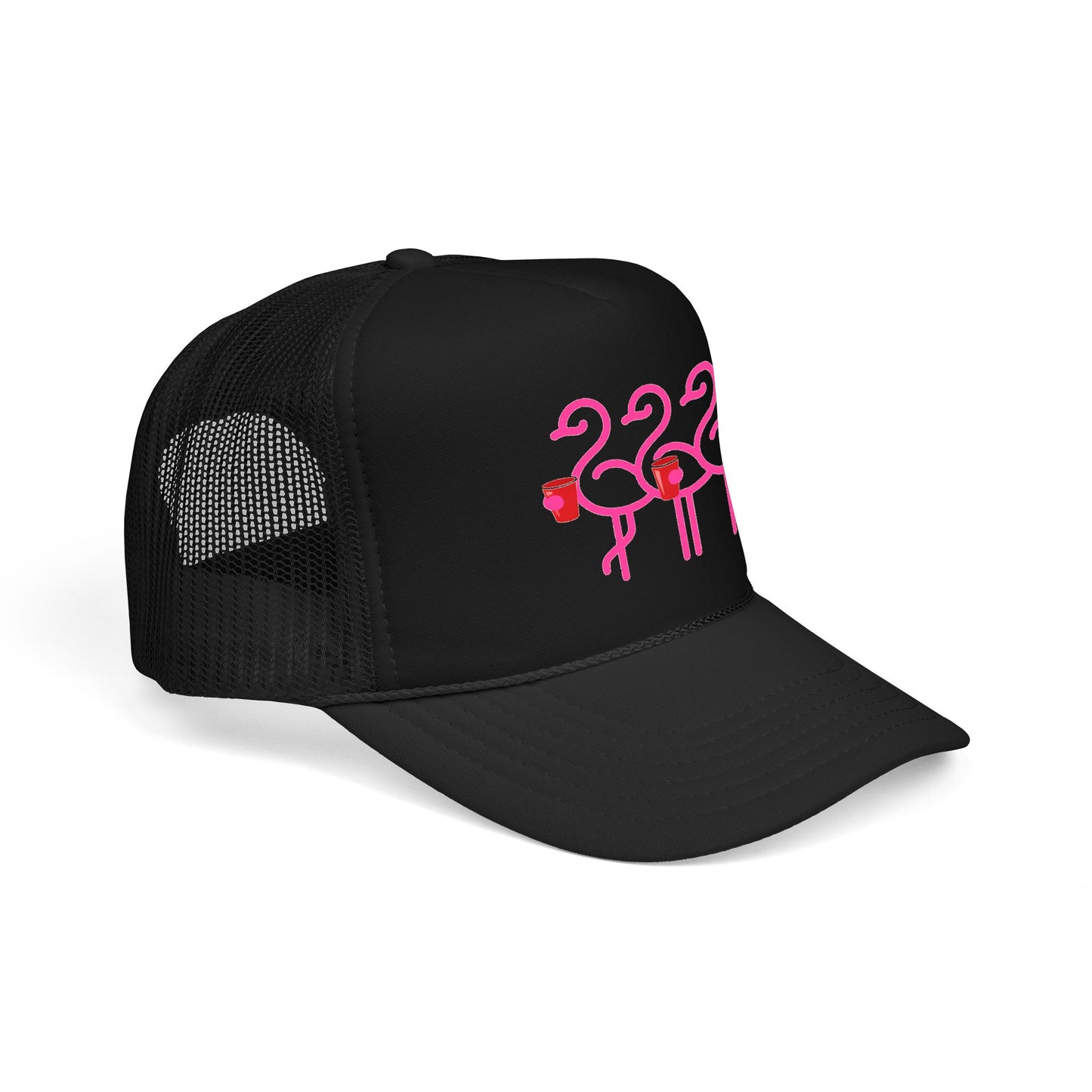 Pink Flamingo Trio Foam Trucker Hat | Retro Beach Party Mesh Cap | Red Cup Throuple Life