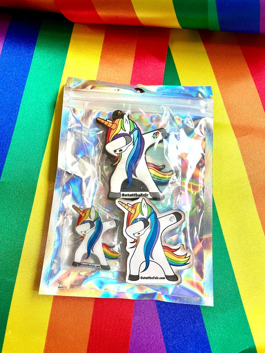 OATF® Dabby Pack Rainbow Unicorn Keychain, Pin, Magnet